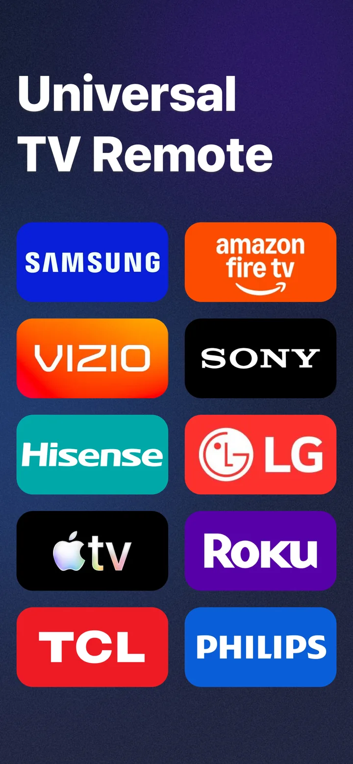 TV Remote app screen listing supported brands: Samsung, LG, Sony, Roku, Fire TV, Vizio, Hisense, TCL and Philips