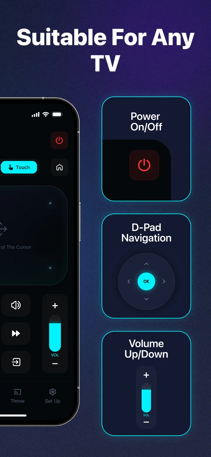 Remote controls in the app: power, D‑pad navigation and volume