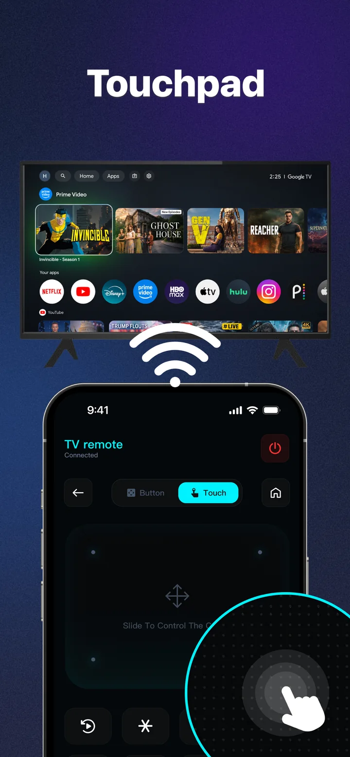 The app touchpad screen controlling a smart TV over Wi‑Fi